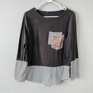 Charcoal Gray/Black & White Striped Long Sleeve Top w/Sequin Pocket Size Large